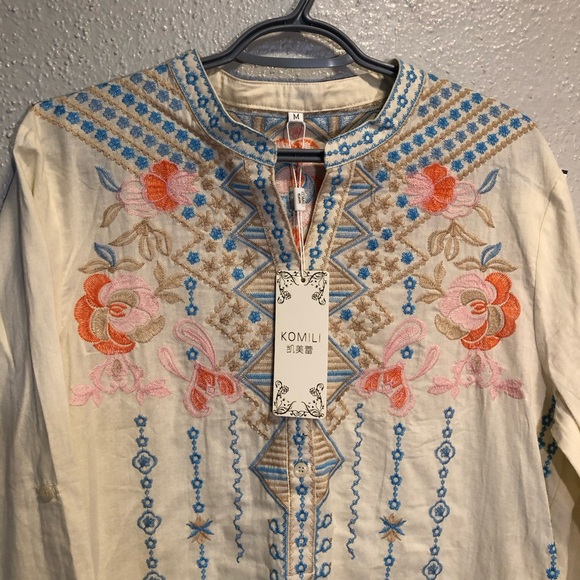 KIMILI Tops - KIMILI Embroidery Blouse N.W.T. Size Medium Cream Light Blue Color
